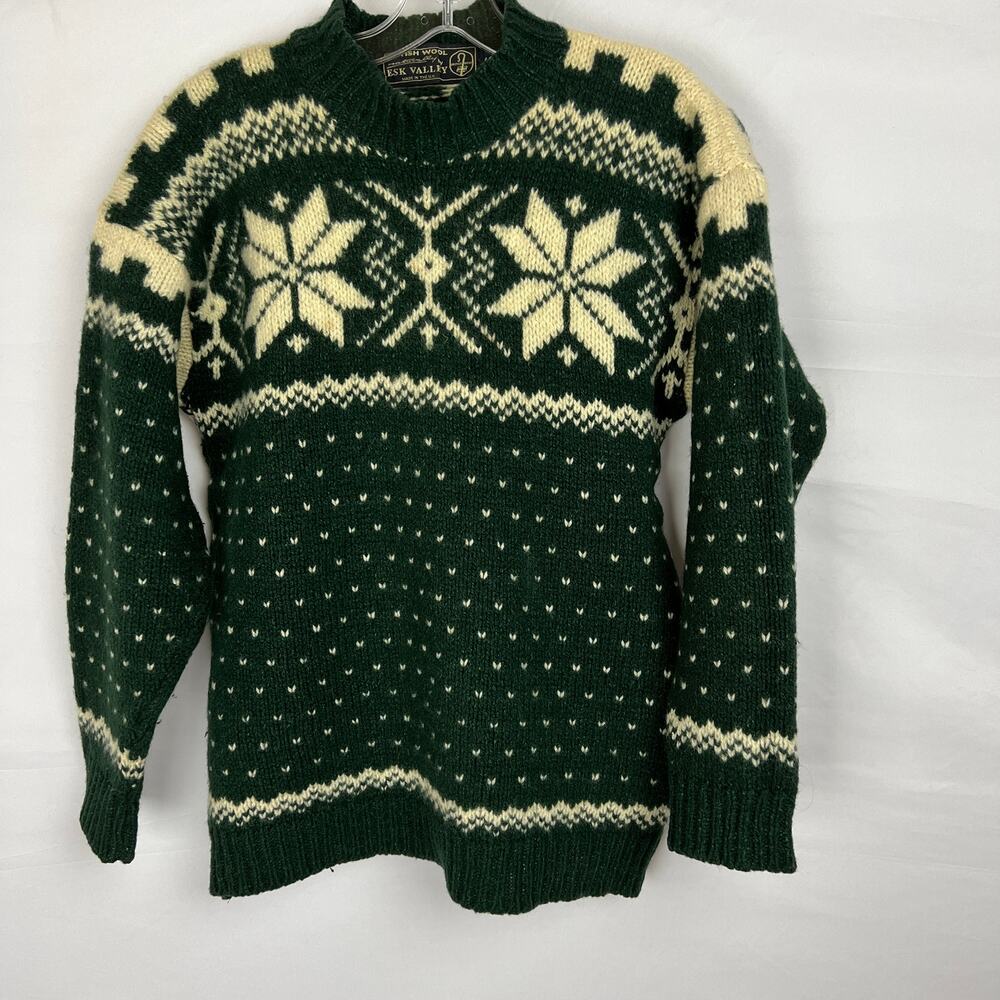 Esk Valley Wool Silk Sweater Unisex Sm-Med Green Fair Isle Nordic Snowflake Ski